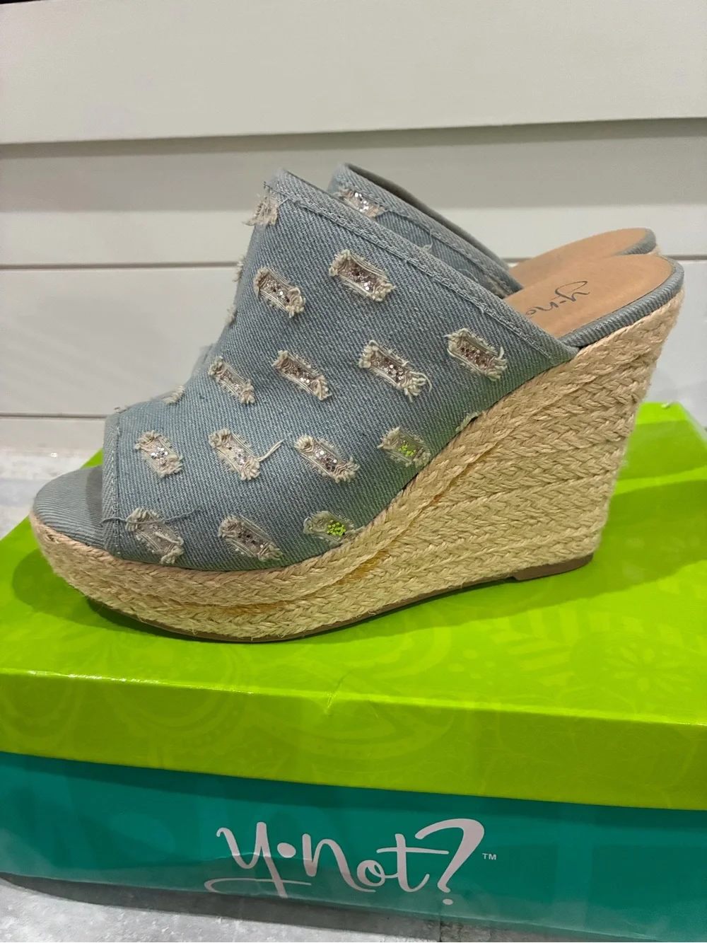 Dollcake Light Blue Denim Sequin Espadrille Wedge